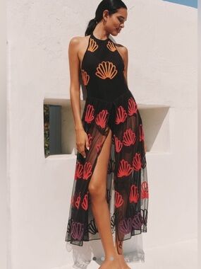 NWT Celandine Embroidered Bodysuit Maxi Dress Black Halter Size Medium M *